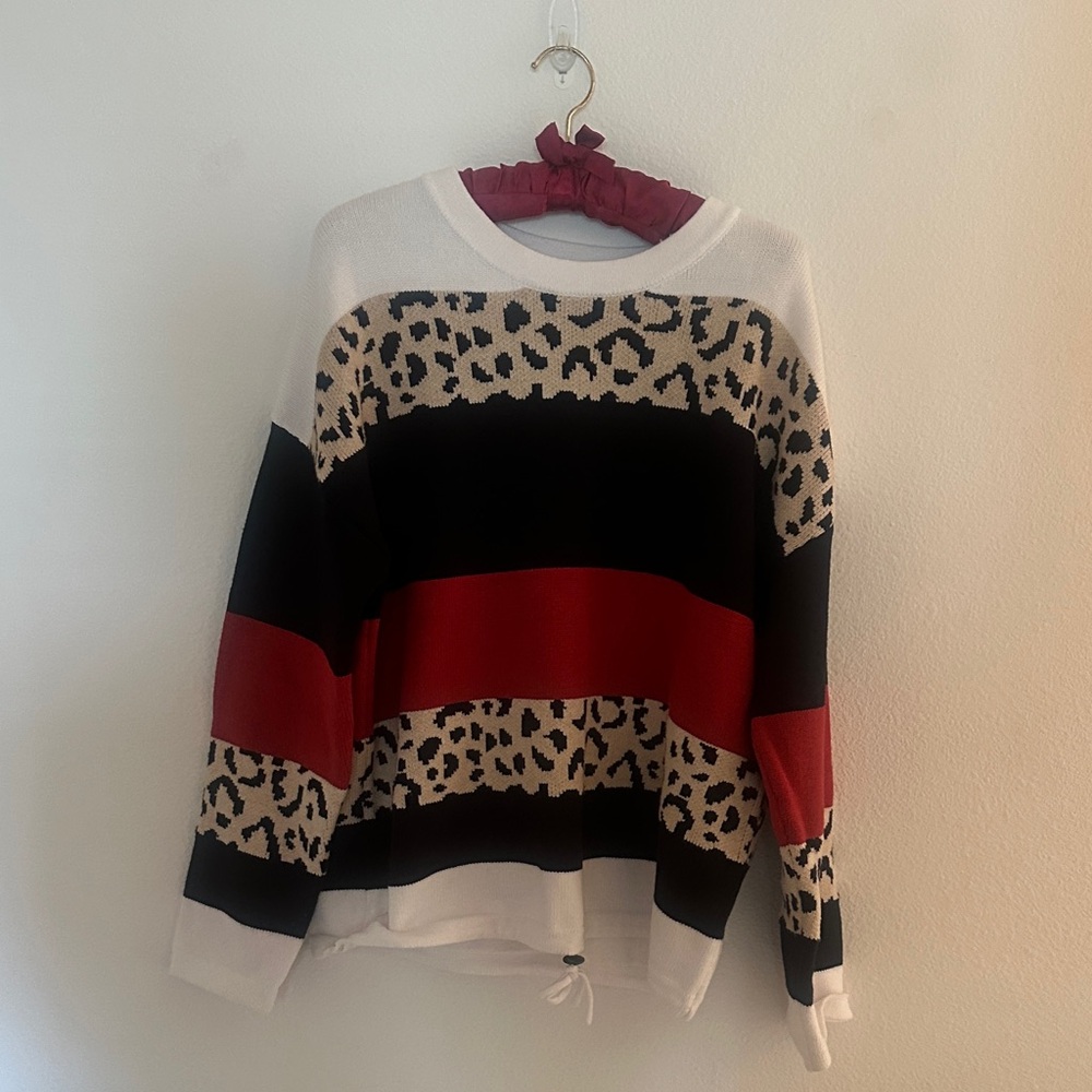 Leopard Print Striped Sweater - Red, Black, White